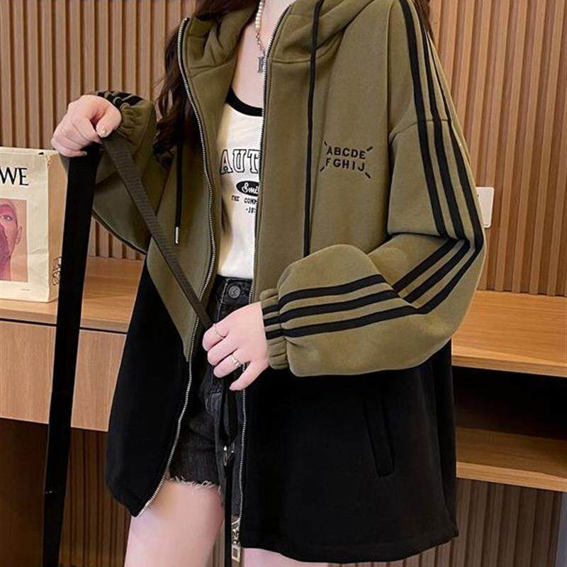 春秋韩版中长款遮屁股外套女拉炼开衫微胖遮肚子卫衣女宽松上衣女