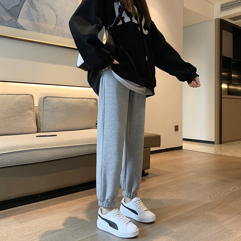 灰色运动裤女春秋宽松束脚2023新款哈伦高腰显瘦休闲加绒卫裤秋冬