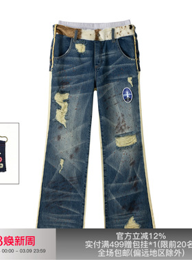 APRIORITY先验 ODVAHA之心 复古洗水做旧破坏双腰头假两件牛仔裤