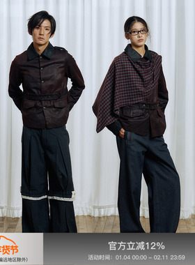 APRIORITY先验 刃口可拆卸格子披肩成衣酵洗拼色可调节腰带夹克