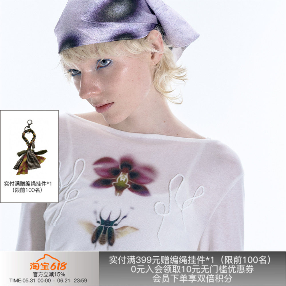 APRIORITY先验甲虫与兰花露肩T恤美丽奴羊毛设计感长袖罩衫上衣夏
