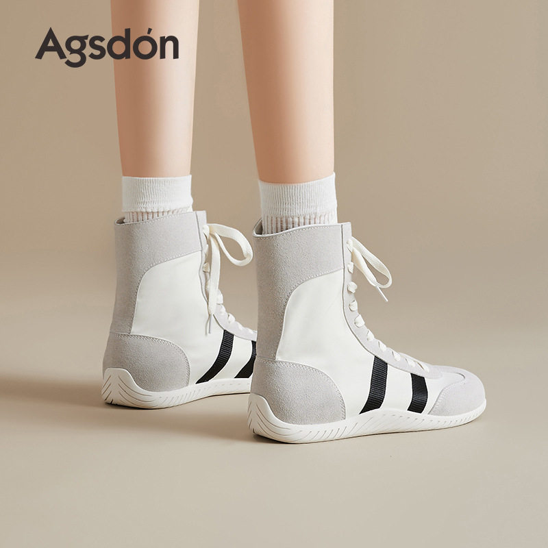 Agsdon/奥古狮登高帮德训鞋女2026新款夏季厚底休闲运动小白鞋薄