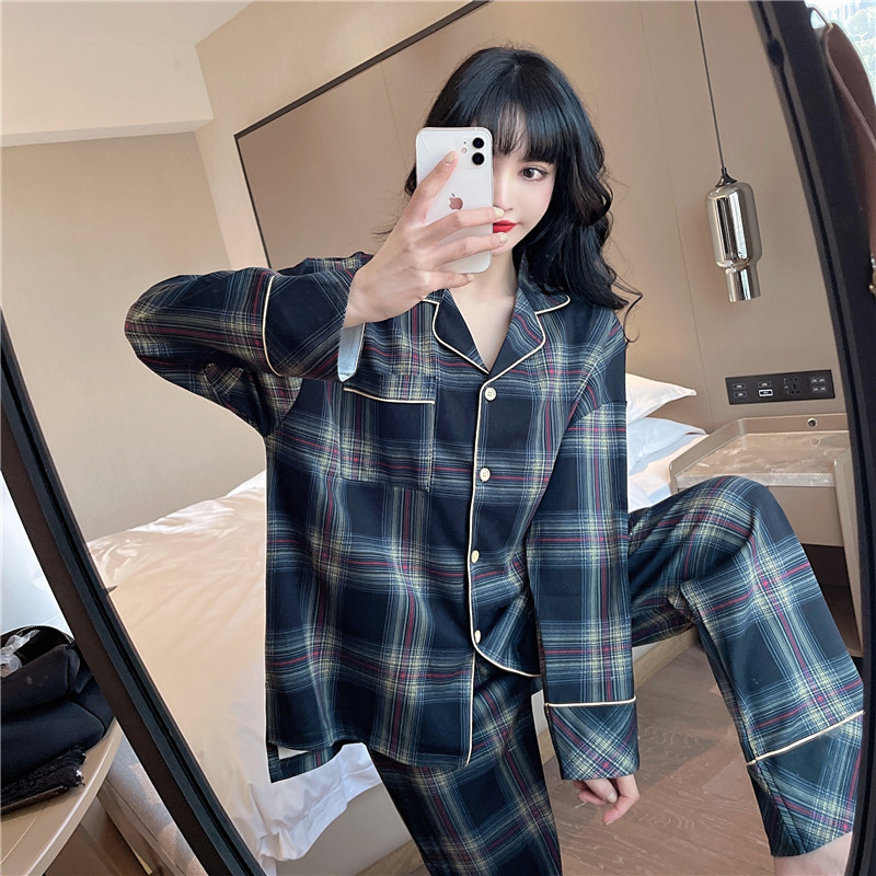 Real price new French pajamas cotton plaid long sleeve thin home suit loose and wearable suit