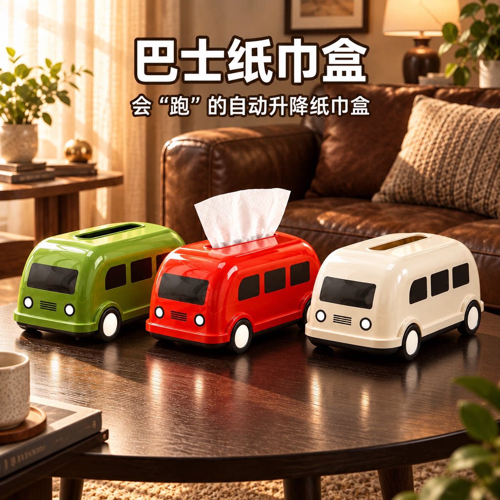 带轮巴士纸巾盒创意汽车抽纸盒带弹簧方便取纸客厅茶几桌面收纳盒