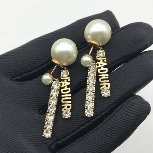 耳环新款长款复古前后大小双珍珠CD耳钉高级感字母耳坠流苏耳饰女