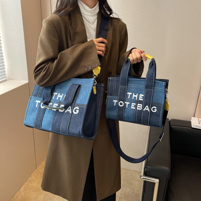 欧美新款牛仔帆布单肩时尚女托特包百搭休闲斜挎大容量手提包蓝色