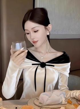 MONLOUVE专柜撤回国际大牌女装香槟色一字肩扭结丝绒衬衫长袖小众