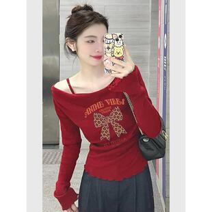 MONLOUVE专柜撤回国际大牌女装韩系多巴胺漂亮红色长袖t恤修身上