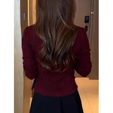 MONLOUVE时尚设计感v领T恤女遮肚子修身显瘦打底衫长袖上衣2025春