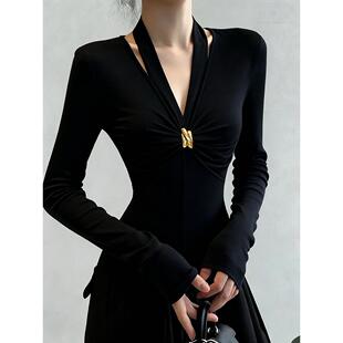 MONLOUVE专柜撤回国际大牌女装黑色褶皱v领修身打底衫显瘦长袖t恤