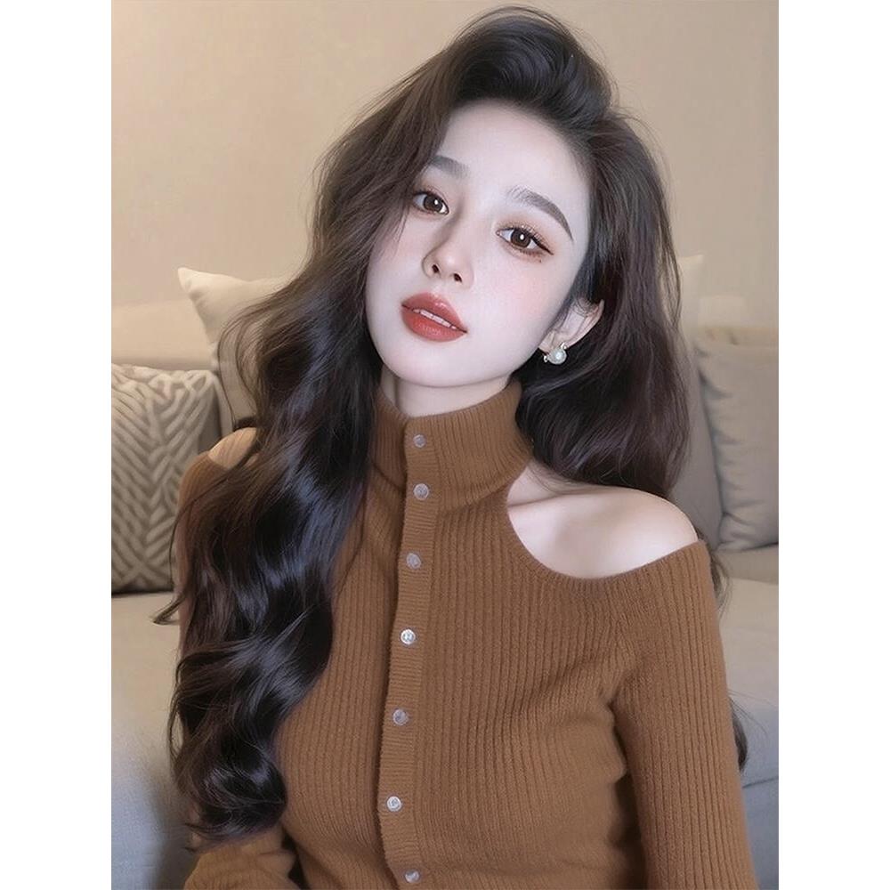 MONLOUVE专柜撤回国际大牌女装镂空露肩咖色针织衫毛衣设计感长袖