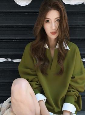 MONLOUVE专柜撤回国际大牌女装上衣美式慵hic多巴胺绿色V领假两件