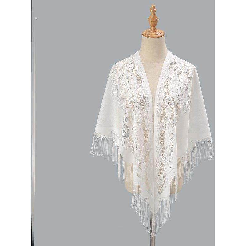 夏季旗袍披肩2024新款女薄款斗篷流苏外搭蕾丝红色黑色白色三角巾