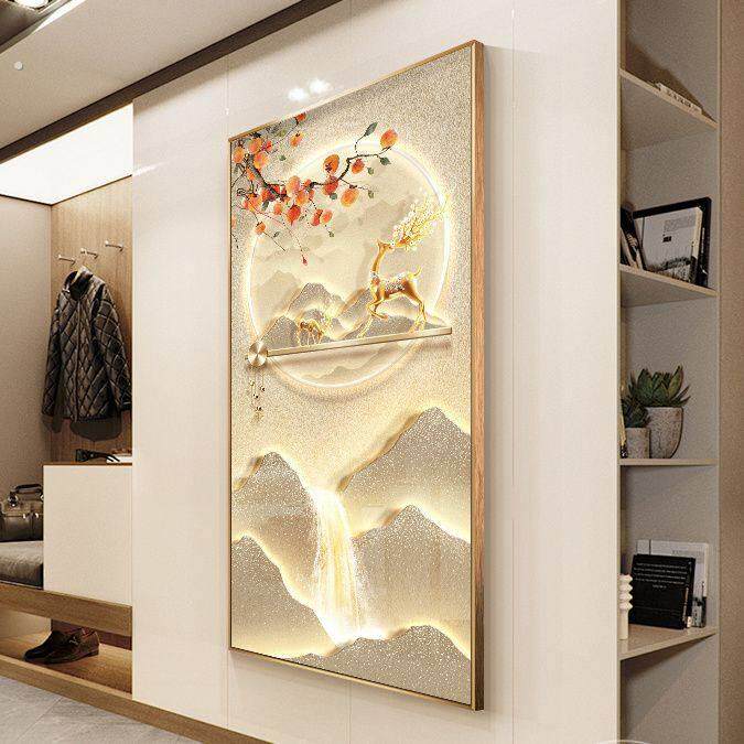 现代轻奢玄关装饰画山水竖版走廊过道挂画高级感入户门福字壁画灯