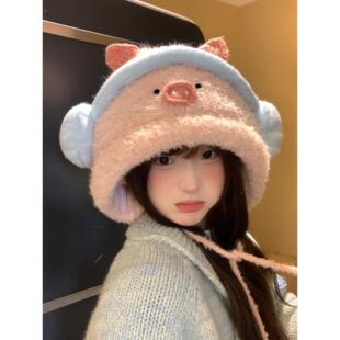 可爱粉色小猪毛绒针织帽子女冬季保暖显脸小防寒护耳雷锋帽套头帽