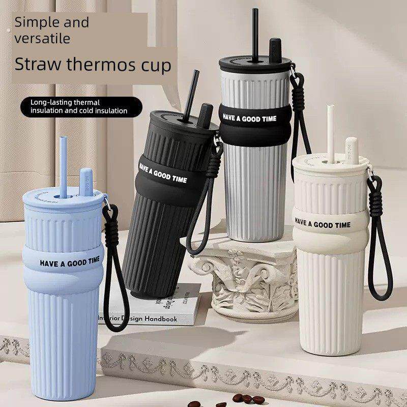 休闲保温杯2025新女性316不锈钢大容量吸管水杯便携式汽车咖啡杯