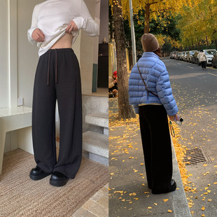 333sss 加厚加绒复古休闲百搭深棕色松紧腰休闲阔腿裤卫裤子女冬
