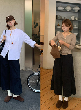 333sss 深蓝色直筒七分裤牛仔裤女美式复古宽松高腰中裤阔腿裤