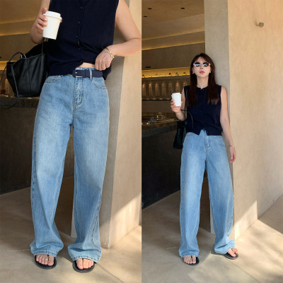 春夏浅蓝色洗水直筒小脚牛仔裤