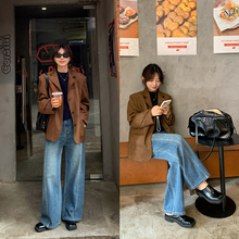 333sss chao爱的牛仔裤！显瘦分割线！秋复古直筒阔腿裤拖地裤女