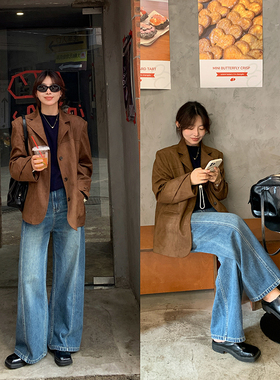333sss chao爱的牛仔裤！显瘦分割线！秋复古直筒阔腿裤拖地裤女