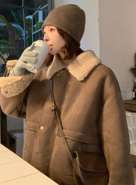 333sss 仿羊羔毛老钱风绒面感皮草外套女冬皮毛一体夹克翻领宽松