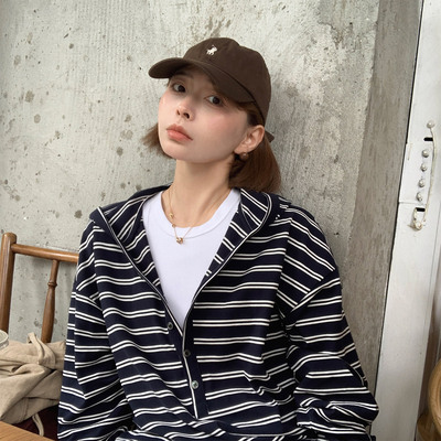 333sss 连帽条纹衫 秋季宽松休闲长袖tee上衣女