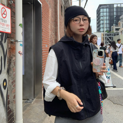 黑色连帽背心马甲宽松无袖外套女