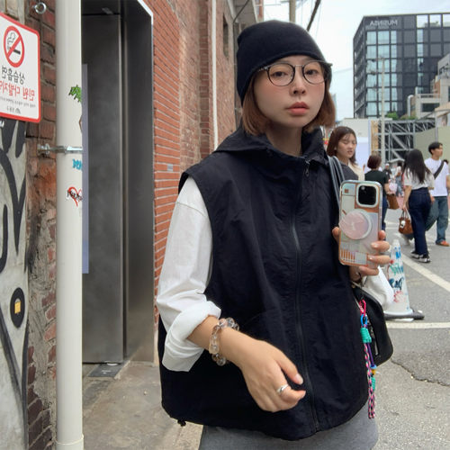 黑色连帽背心马甲宽松无袖外套女