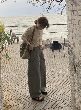 333sss 复古帅气廓形军绿色镰刀弯刀裤工装裤女长裤休闲裤春夏