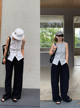 333sss 抗皱亚麻裤～裤型绝了！黑色松紧腰休闲长裤直筒阔腿裤女