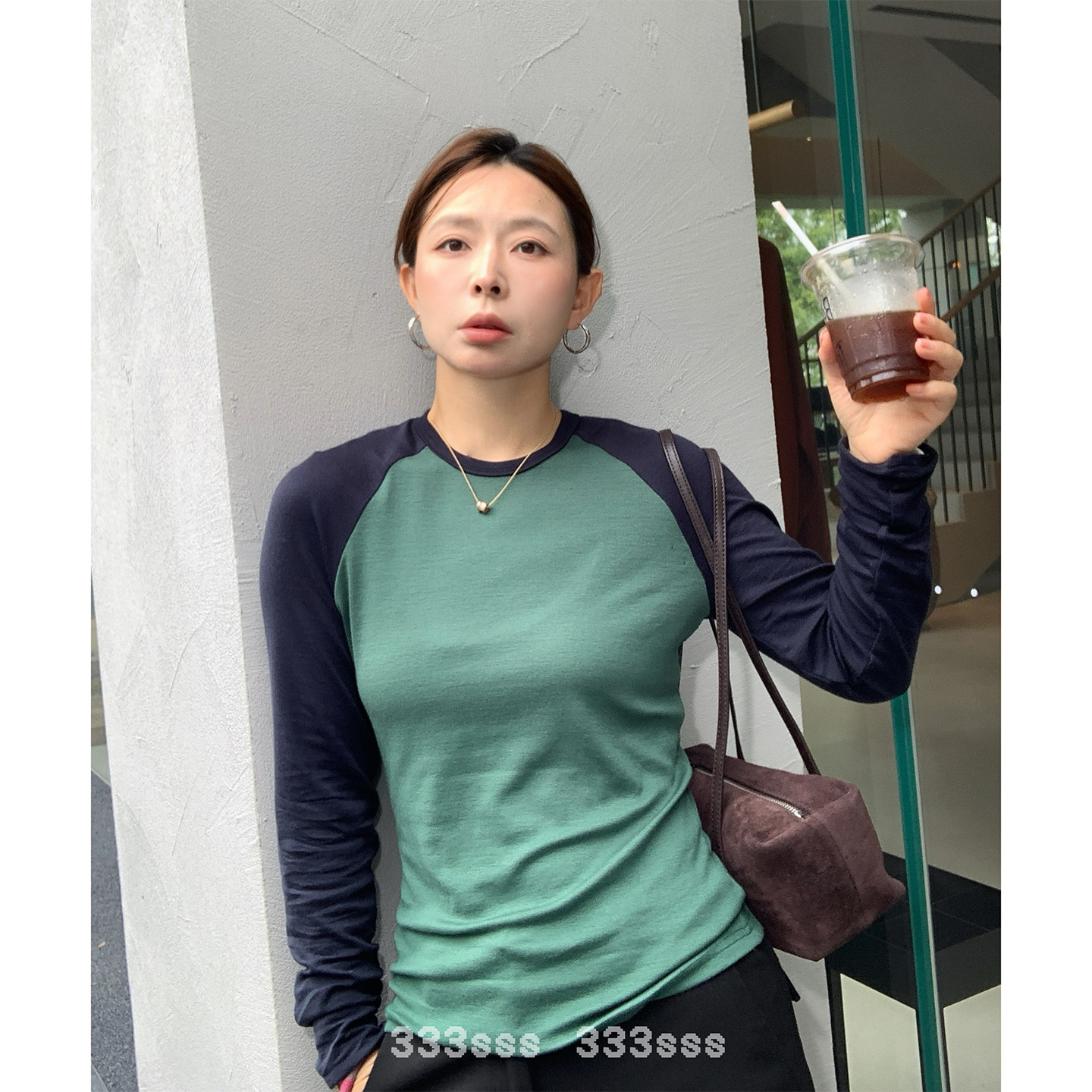 复古修身百搭拼色圆领长袖T恤