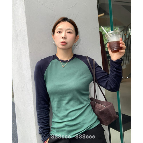 复古修身百搭拼色圆领长袖T恤