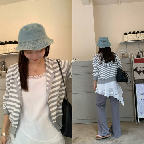 连帽灰色条纹针织衫女春高腰短款