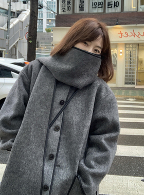 333sss~新款全手工羊毛灰色拼皮围巾双面尼大衣宽松外套女小个子