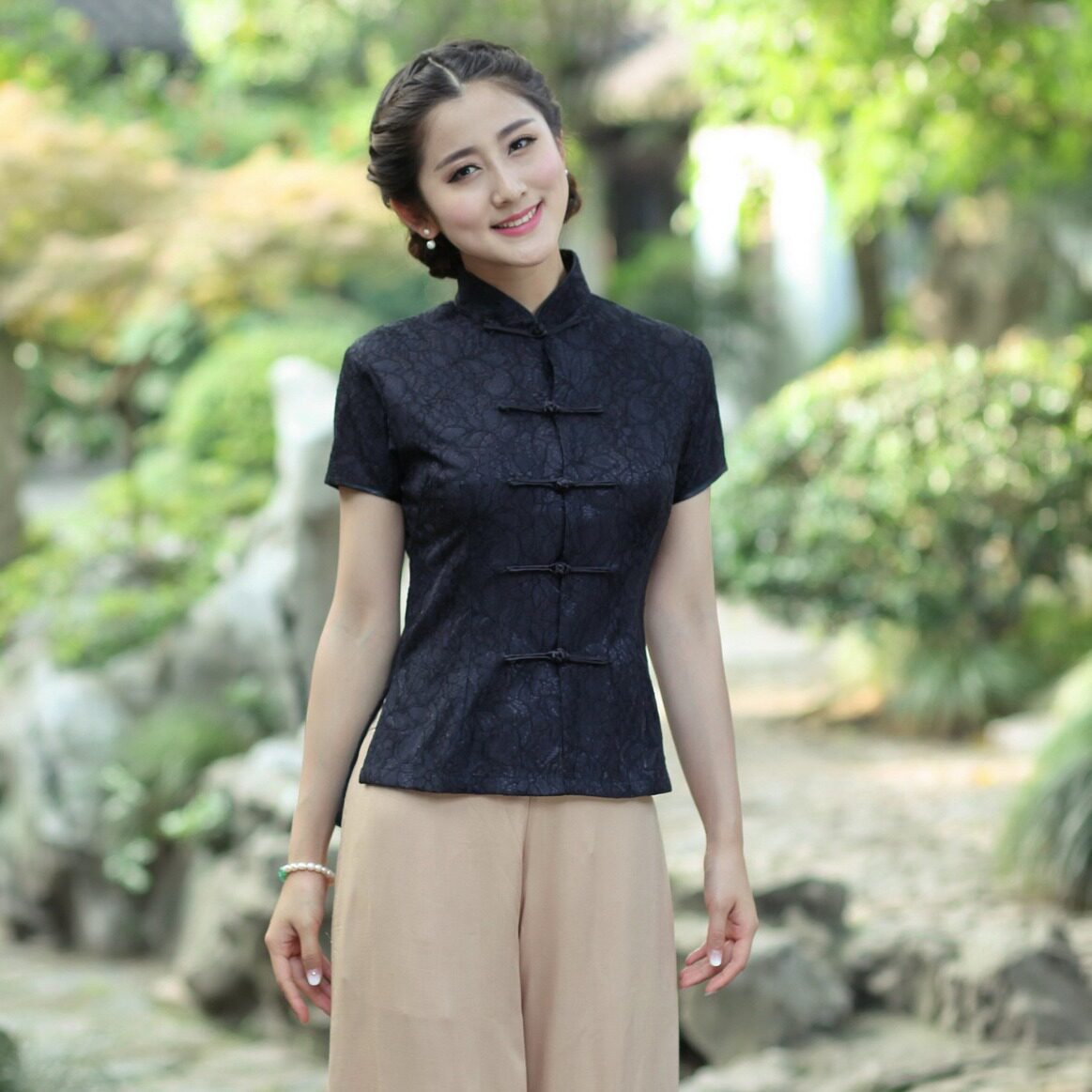 复合蕾丝黑旗袍女短袖上衣