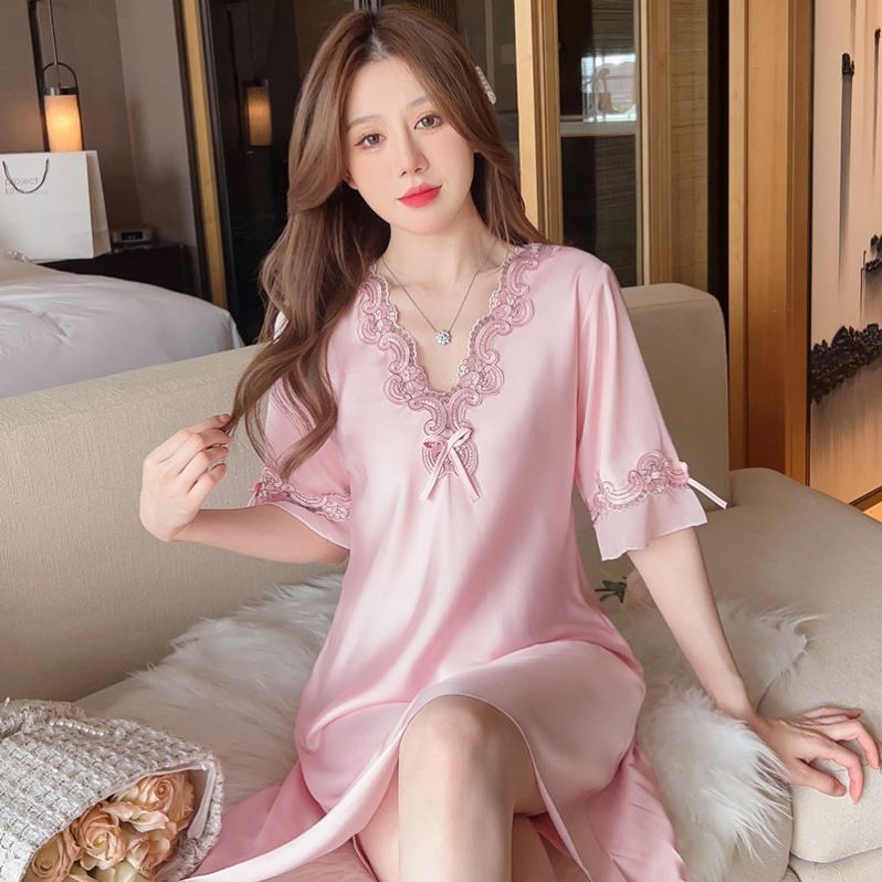 2026新款春夏季丝绸睡裙性感蕾丝边甜美荷叶边短袖冰丝空调房睡衣