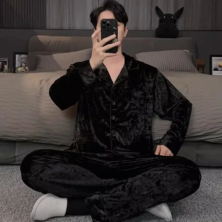 卓欧精选2025新款高级感黑色金钻绒睡衣男款秋冬金丝绒家居服套装