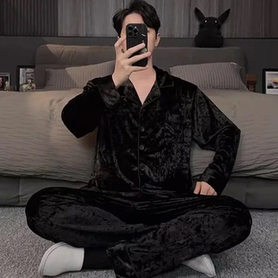 卓欧精选2025新款高级感黑色金钻绒睡衣男款秋冬金丝绒家居服套装