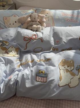 ins水洗棉毛巾绣蓝色蝴蝶结小猫咪床上四件套全棉1.5m1.8米三件套