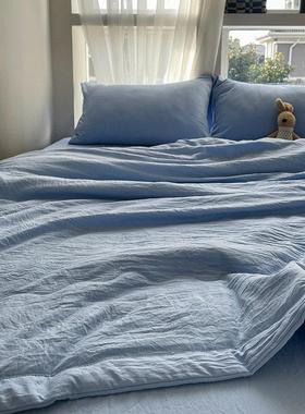 ins超柔蓝色水洗棉夏凉被四件套夏被纯色可机洗空调轻薄被子被芯