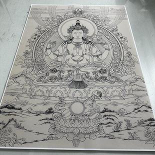 佛画菩萨人物四臂观音五部文殊唐卡线稿白描高清图微喷临摹素材