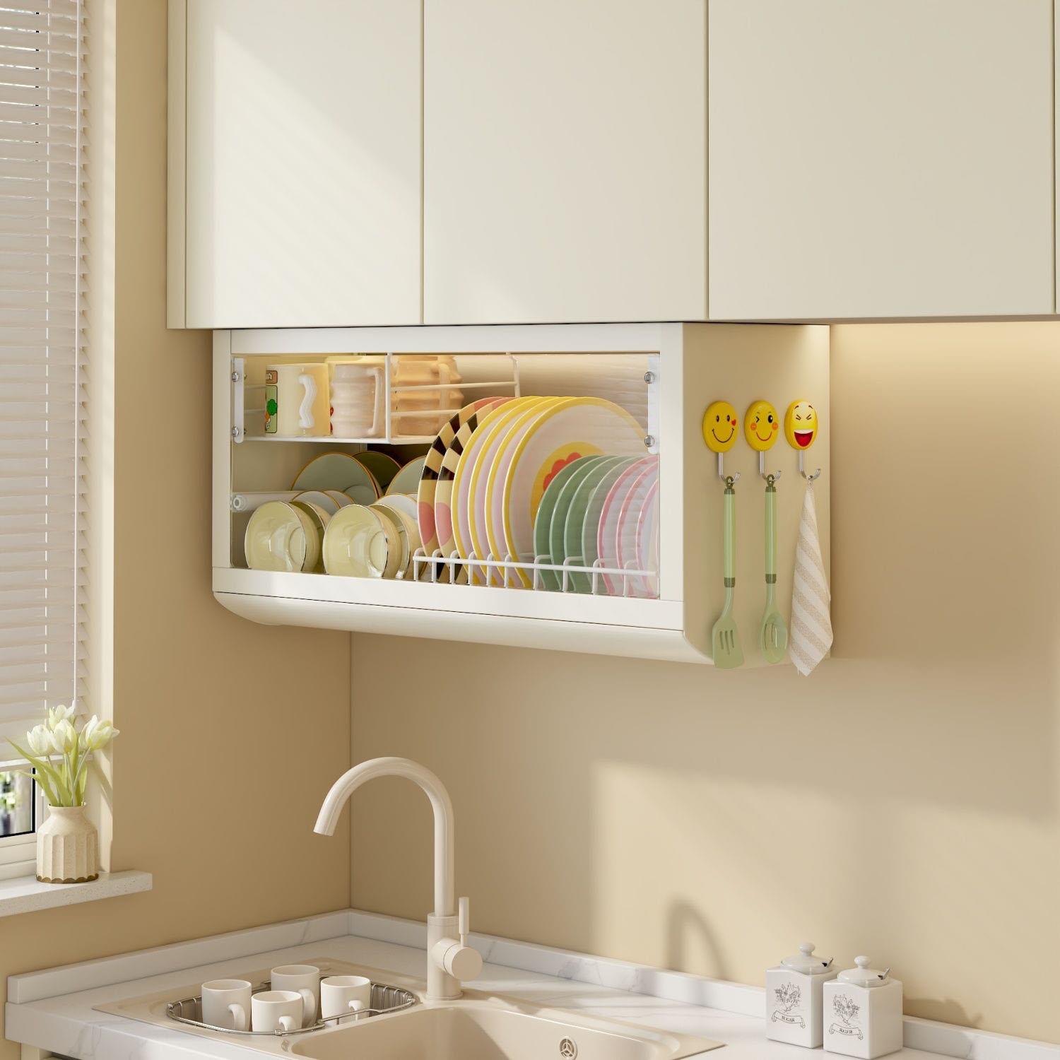 厨房置物架壁挂式碗碟收纳层架碗盘沥水架碗筷收纳盒多功能碗盘柜