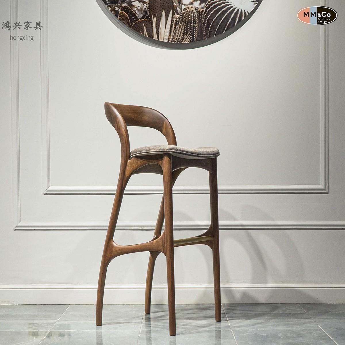 北美黑胡桃原木北欧吧台椅现代简约高脚凳新中式覆古吧台凳高脚凳