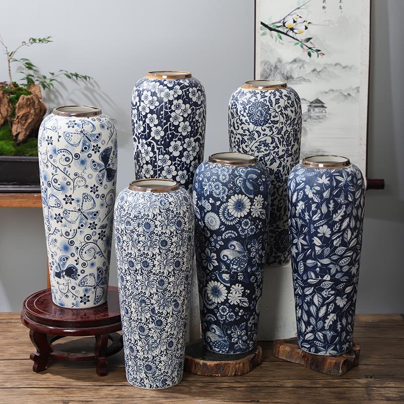 35CM高景德镇陶瓷青花花瓶家居摆饰样板房金边花器瘦罗卜手工花瓶