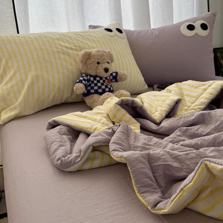 少女ins浅紫色拼条纹小眼睛毛巾绣水洗棉夏凉被四件套夏季空调被