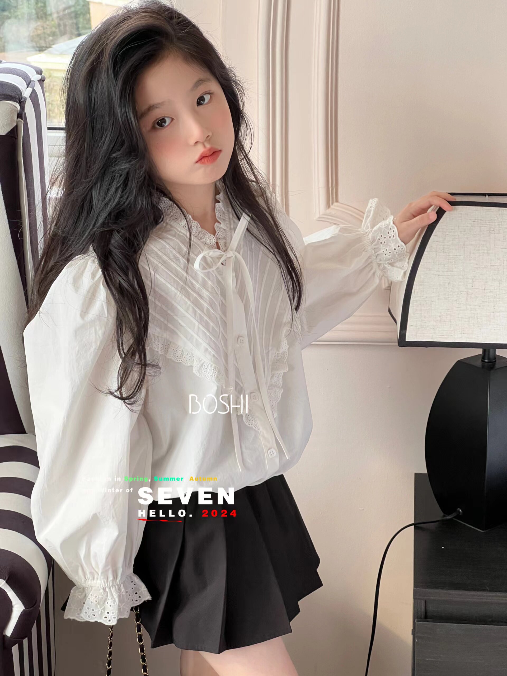 啵十韩国童装儿童衬衫2024春款女童韩系范蕾丝泡泡袖系带衬衫上衣