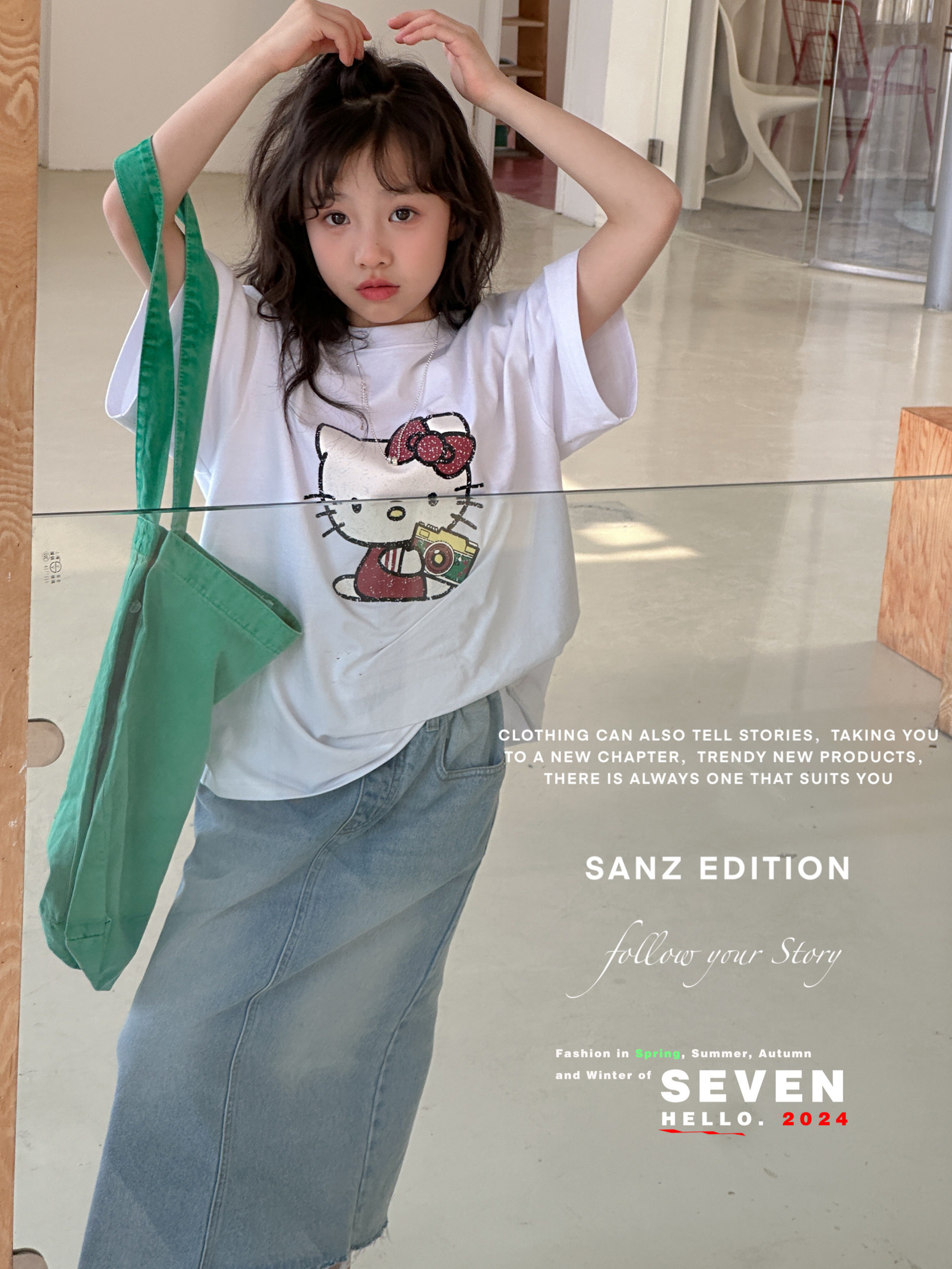 叁作韩国童装儿童T恤2024春夏款女童宽松休闲印花KT猫短袖T恤大版