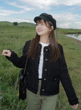 INNQ【COCO小姐】2025秋冬女士黑色粗花呢毛边百搭贵气小香风外套