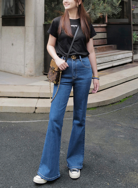 INNQ【港星微喇】2025秋冬高腰弹力净色水洗深蓝不贴腿微喇长裤女